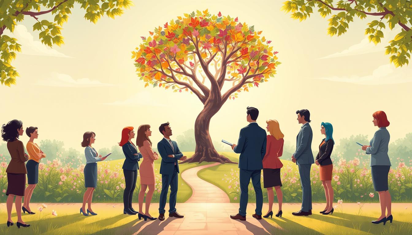 A bright, hopeful scene of people in conversation around a tree symbolising emotional growth