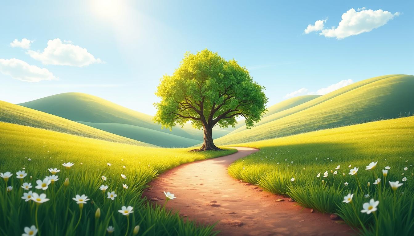 A calm landscape with a single tree, used to evoke steady inner growth